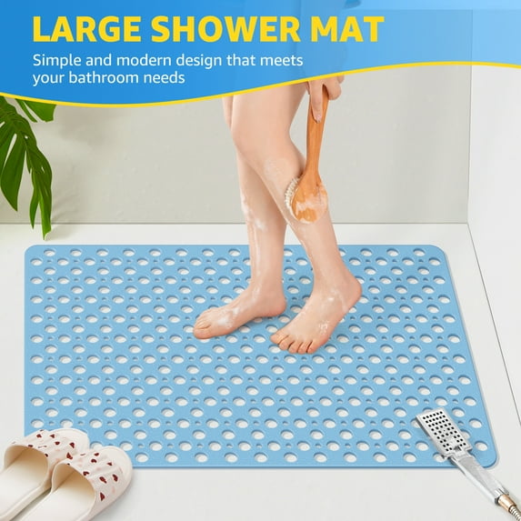 OTHWAY Large Shower Mat, 35x24 TPE Anti Slip Shower Mat, Heavy Bath Mats for Shower with Drain Holes Suction Cups, Shower Stall Mat for Bathroom, No Odor Shower Grip Mat for Elderly Kids(Light Blue)