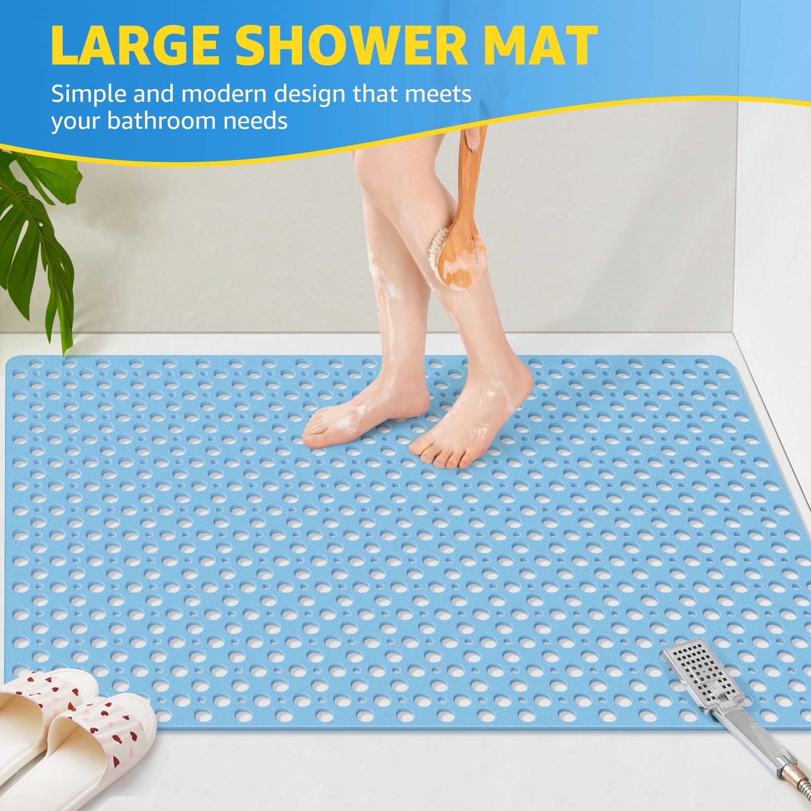 OTHWAY Large Shower Mat, 47x32 TPE Anti Slip Shower Mat, Heavy Bath Mats for Shower with Drain Holes Suction Cups, Shower Stall Mat for Bathroom, No Odor Shower Grip Mat for Elderly (Light Blue)