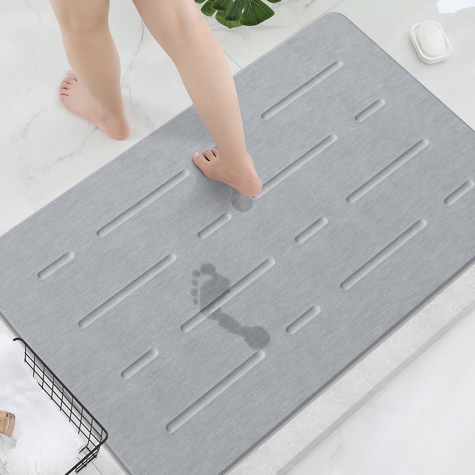 OTHWAY Large Stone Bath Mat, 32"x 20" Diatomaceous Earth Bath Mat for Bathroom, Quick Drying Long Bath Mat Stone Absorbing, Non-Slip Diatomite Hard Stone Shower Mat Instant Dry(Light Grey)