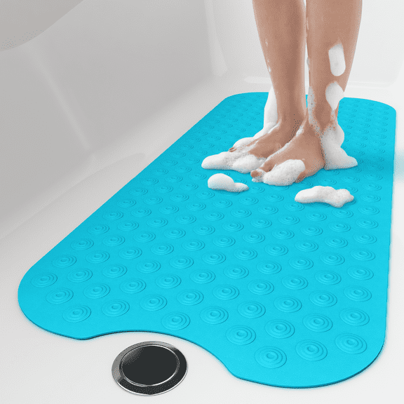 OTHWAY No Suction Cup Bath Mat: 39x16inch Extra Long Bathmat, Machine Washable, Made of Nature Rubber, Protect Your Bathtub (Dark Blue)