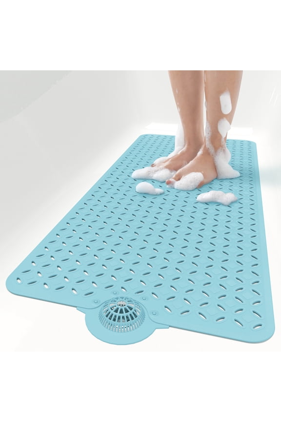 Non-Slip Bath Mat for Tub with Hair Catcher, 39"x17" Long Shower Mat, Large Drain Holes, Machine Washable Gripper Tub Mat (Blue)