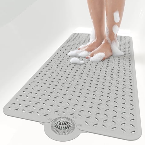 OTHWAY Non-Slip Bath Mat for Tub with Hair Catcher, 39"x17" Long Shower Mat, Large Drain Holes, Machine Washable Gripper Tub Mat (Grey)