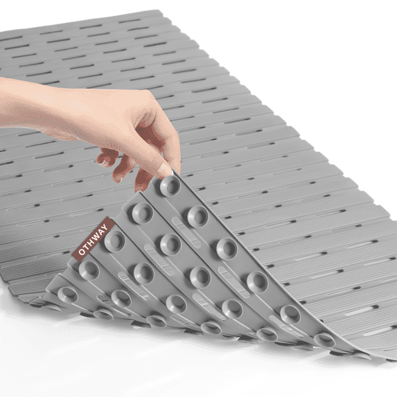 OTHWAY Non Slip Shower Mat for Tub & Inside Shower,36.6" x 16.9" Soft TPE Bath Mat with Suction Cups,Easy to Cut Shower Floor Mat,Machine Washable Bathtub Mats(Light Grey)