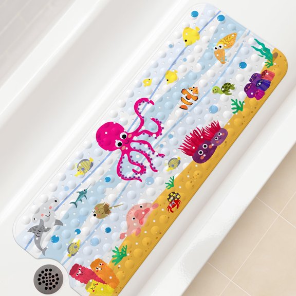 OTHWAY Octopus Baby Bath Mat for Tub for Kids, 40x16 Inch Cartoon Extra Long Non-Slip Shower Mat with Suction Cups, Drain Holes & Machine Washable - Baby Shower Gift
