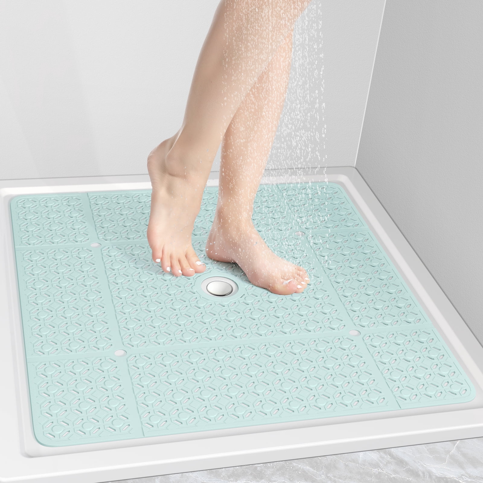 OTHWAY Square Shower Mat,27"x27" Extra Large Bath Mat,TPE Non-Slip Shower Floor Mat with Suction Cups & Drain Holes,Quick-Drying Shower Mat for Bathroom Decor (Baby Blue)