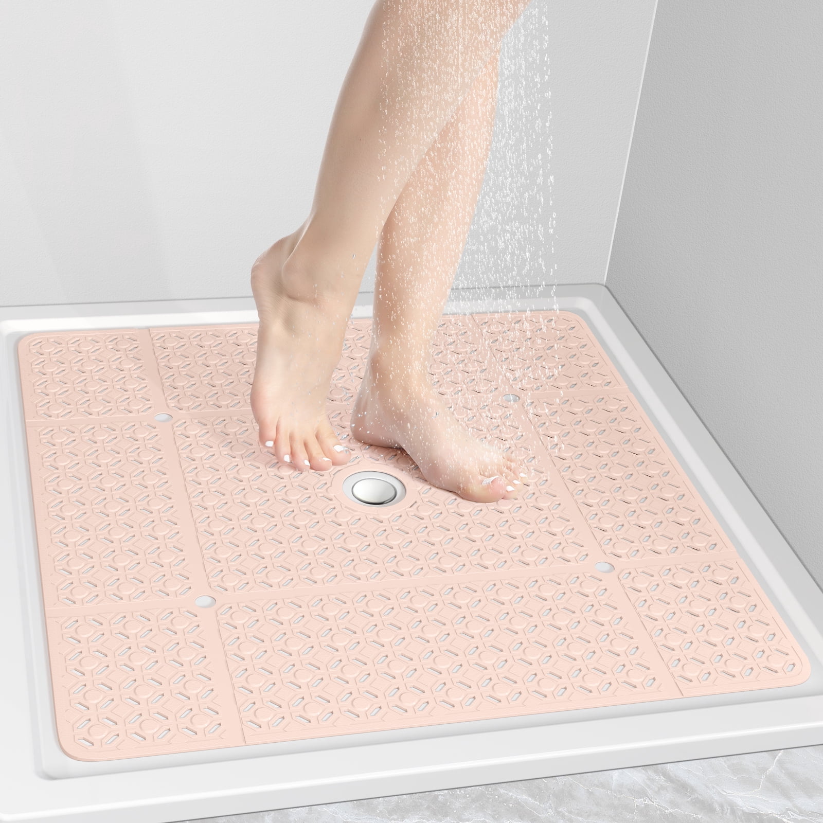 OTHWAY Square Shower Mat,27"x27" Extra Large Bath Mat,TPE Non-Slip Shower Floor Mat with Suction Cups & Drain Holes,Quick-Drying Shower Mat for Bathroom Decor (Baby Pink)