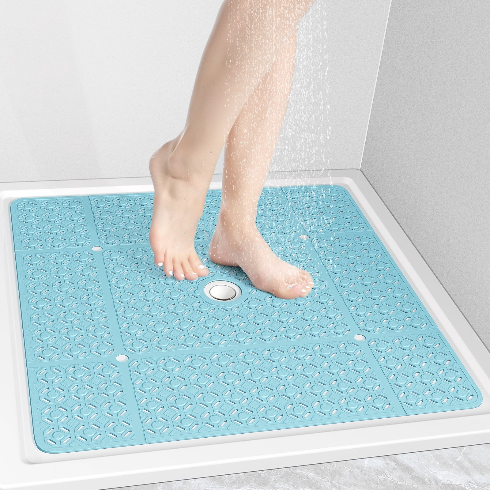 OTHWAY Square Shower Mat,27"x27" Extra Large Bath Mat,TPE Non-Slip Shower Floor Mat with Suction Cups & Drain Holes,Quick-Drying Shower Mat for Bathroom Decor (Blue)