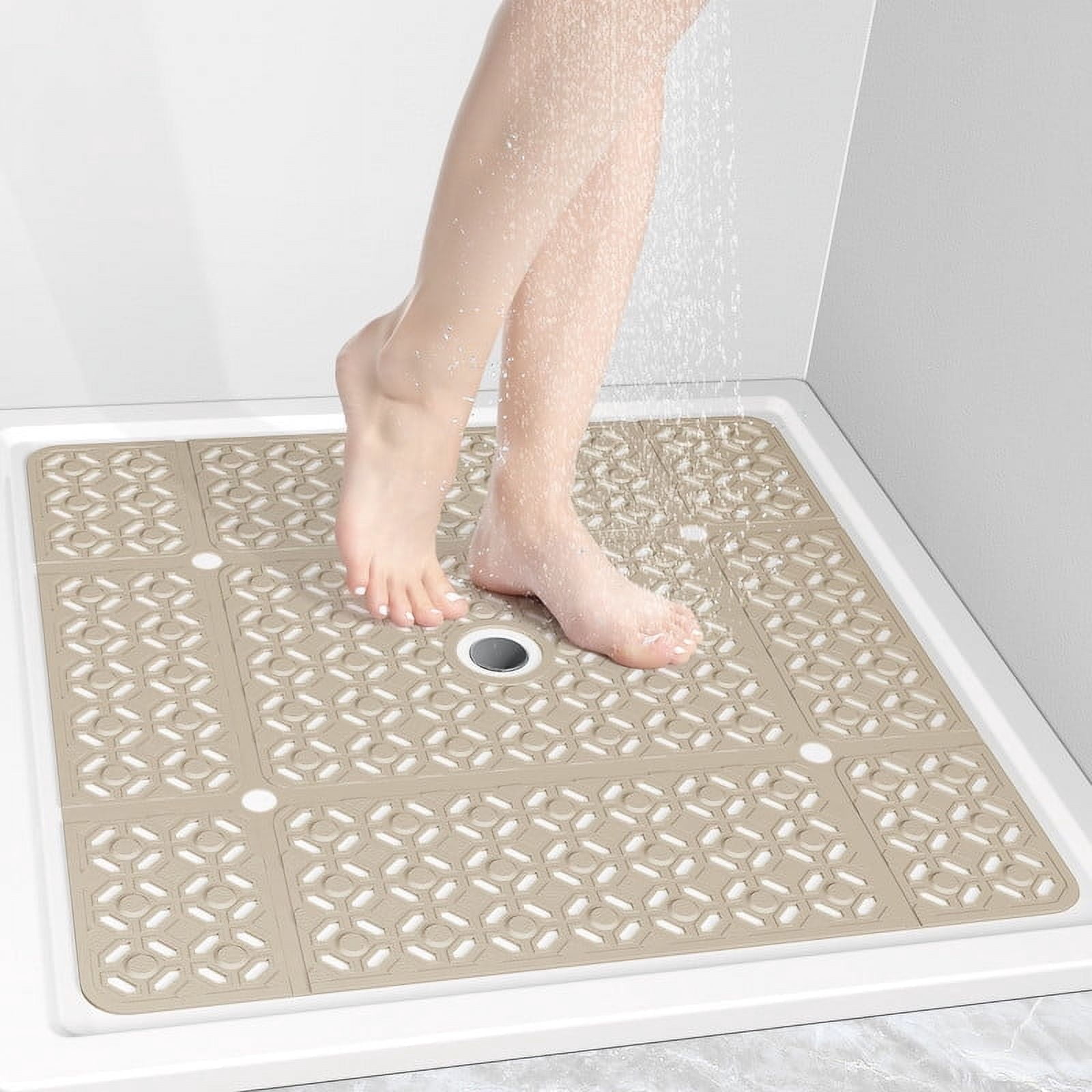 OTHWAY Square Shower Mat,27"x27" Extra Large Bath Mat,TPE Non-Slip Shower Floor Mat with Suction Cups & Drain Holes,Quick-Drying Shower Mat for Bathroom Decor (Brown)