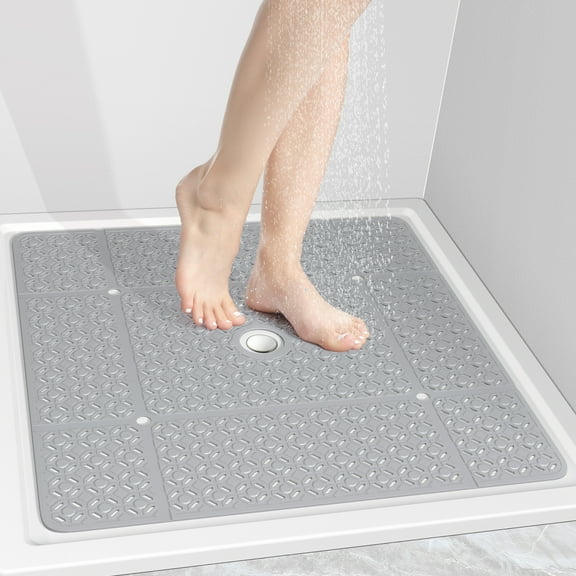 OTHWAY Square Shower Mat,27"x27" Extra Large Bath Mat,TPE Non-Slip Shower Floor Mat with Suction Cups & Drain Holes,Quick-Drying Shower Mat for Bathroom Decor (Light Grey)