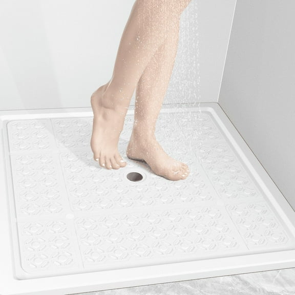 OTHWAY Square Shower Mat,27"x27" Extra Large Bath Mat,TPE Non-Slip Shower Floor Mat with Suction Cups & Drain Holes,Quick-Drying Shower Mat for Bathroom Decor (White)