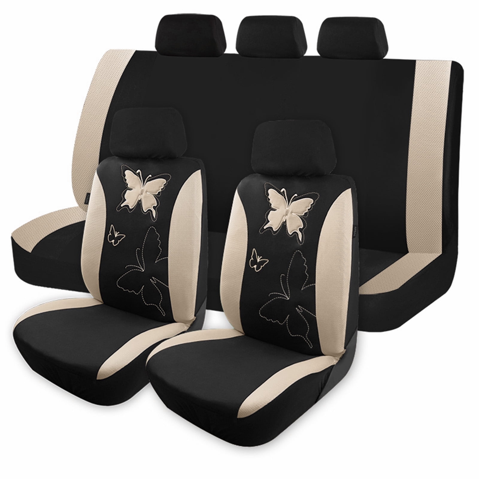 OTOEZ Butterfly Car Seat Cover, Breathable Cloth 5 Seats Full Set for Front & Rear Seat Protector, Universal fit Most Honda Toyota Chevy Ford Nissan Truck SUV, Beige