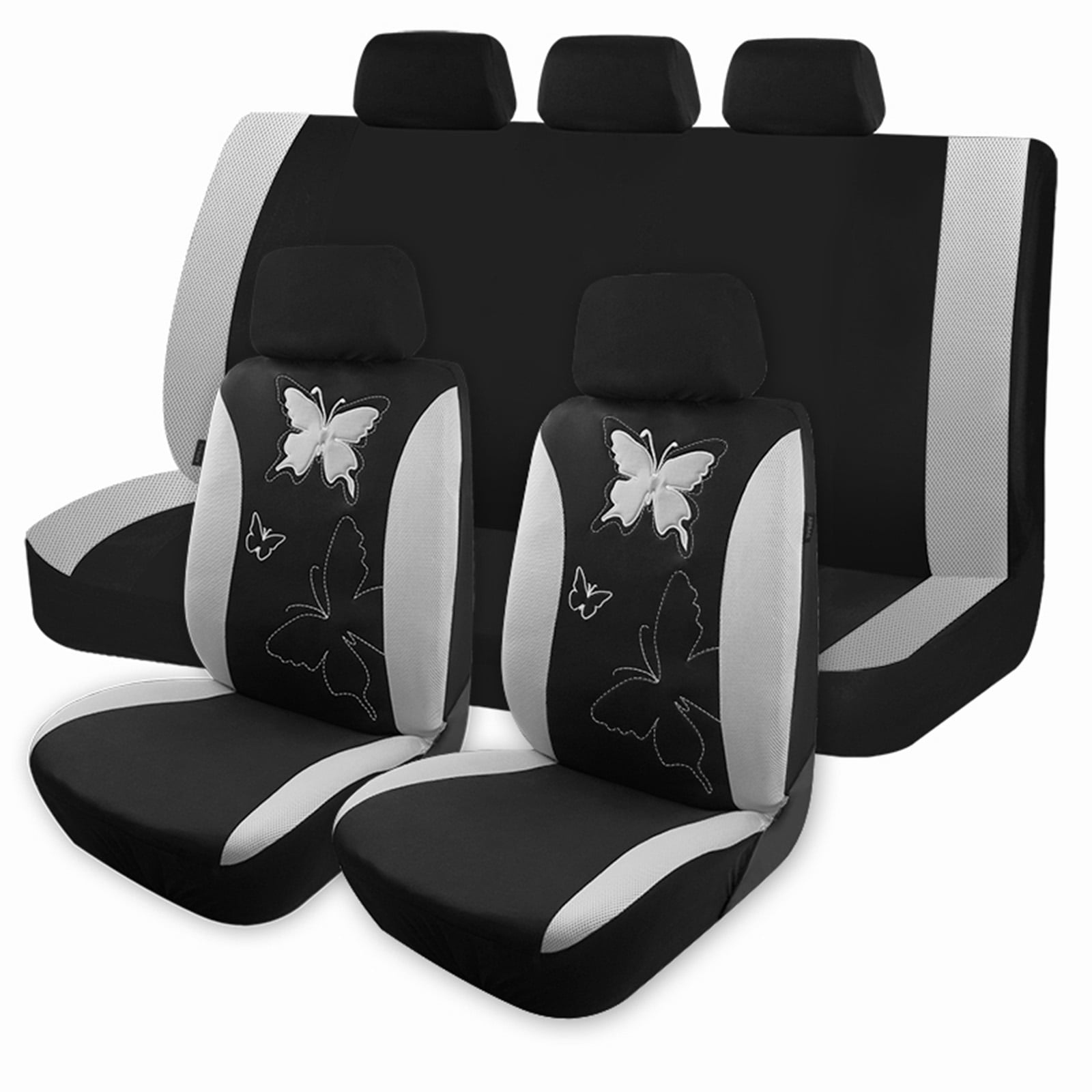 OTOEZ Butterfly Car Seat Cover, Breathable Cloth 5 Seats Full Set for Front & Rear Seat Protector, Universal fit Most Honda Toyota Chevy Ford Nissan Truck SUV, Gray
