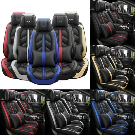OTOEZ Car Seat Covers Full Set Leather Front Back 5 Seats Protector Cushion Universal Fit