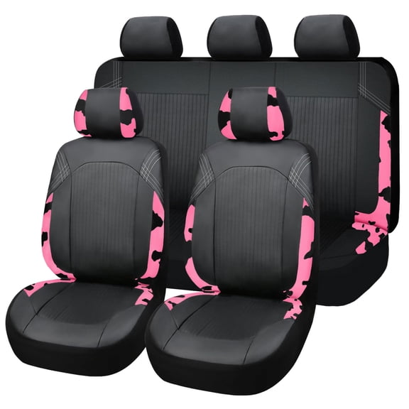 OTOEZ Cow Print PU Car Seat Covers Universal Faux Leather Front Rear Seat Cushion Cover 5-Seat Full Set for Sedan SUV, Black & Hot Pink