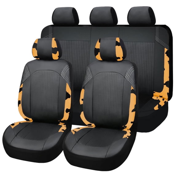 OTOEZ Cow Print PU Car Seat Covers Universal Faux Leather Front Rear Seat Cushion Cover 5-Seat Full Set for Sedan SUV, Black & Orange