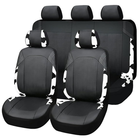 OTOEZ Cow Print PU Car Seat Covers Universal Faux Leather Front Rear Seat Cushion Cover 5-Seat Full Set for Sedan SUV, Black