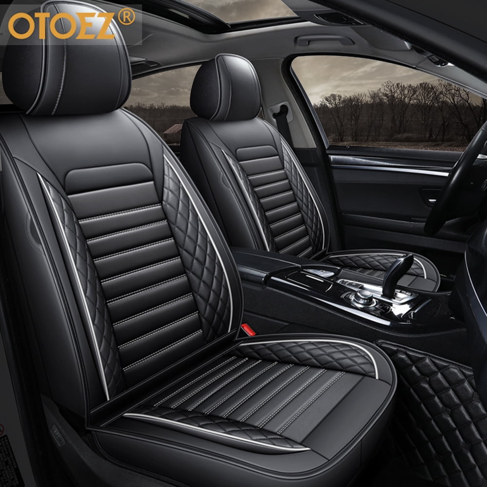 OTOEZ Fashion Full Set Car Seat Cover Waterproof Leather Universal Fit SUV Truck, Black/White