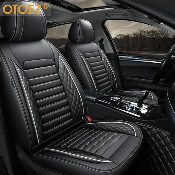 OTOEZ Fashion Full Set Car Seat Cover Waterproof Leather Universal Fit SUV Truck, Black/White