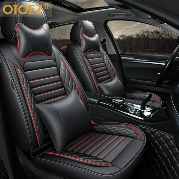 OTOEZ Front Rear Leather Car Seat Cover Full Set Anti-Slip Backing Protector Universal With Pillows, Black/Blue