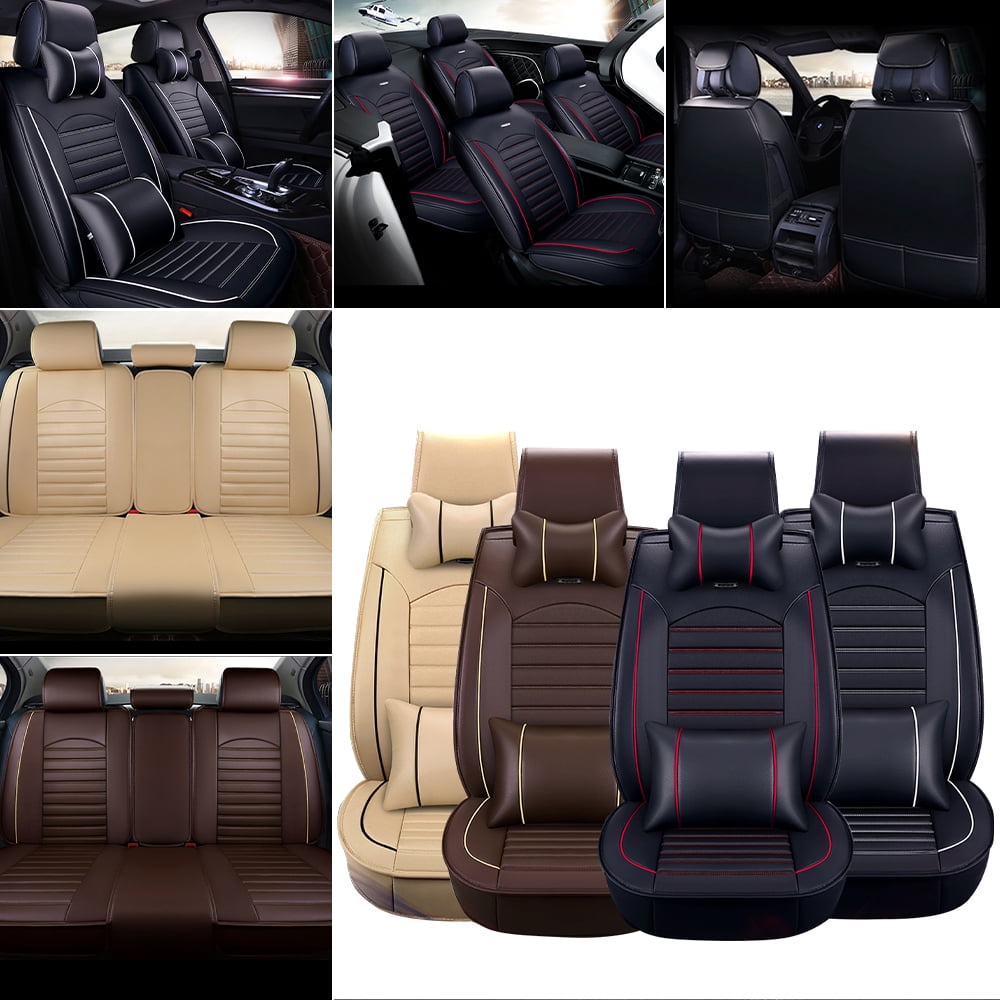 5-Seats Front + Rear Car Seat Cover Cushion Set Microfiber PU Leather –