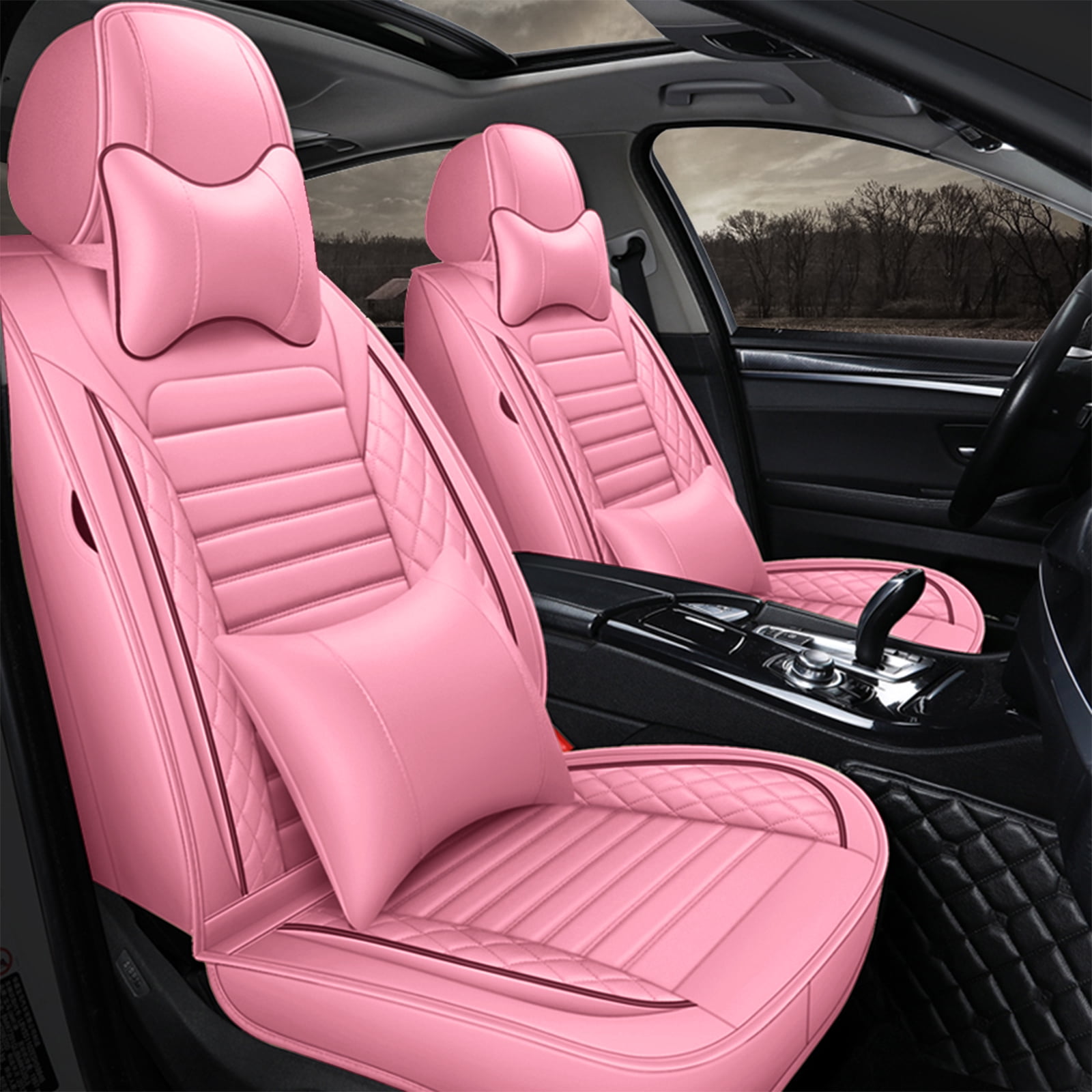 OTOEZ Universal Car Seat Cover Pink PU Leather 5 Seats, Front Rear Seat Protector Full Set, Waterproof Cushion Fit Most Honda Toyota Chevy Ford Nissan Vehicle Truck SUV