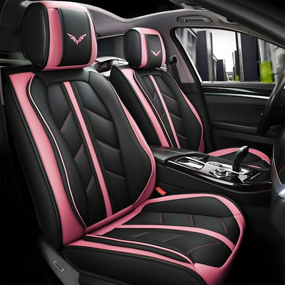 OTOEZ Universal Car Seat Cover Pink PU Leather 5 Seats, Front Rear Seat Protector Full Set, Waterproof Cushion Fit Most Honda Toyota Chevy Ford Nissan Vehicle Truck SUV