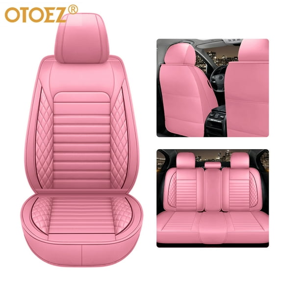 OTOEZ Universal Car Seat Cover Pink PU Leather 5 Seats, Front Rear Seat Protector Full Set, Waterproof Cushion Fit Most Honda Toyota Chevy Ford Nissan Vehicle Truck SUV