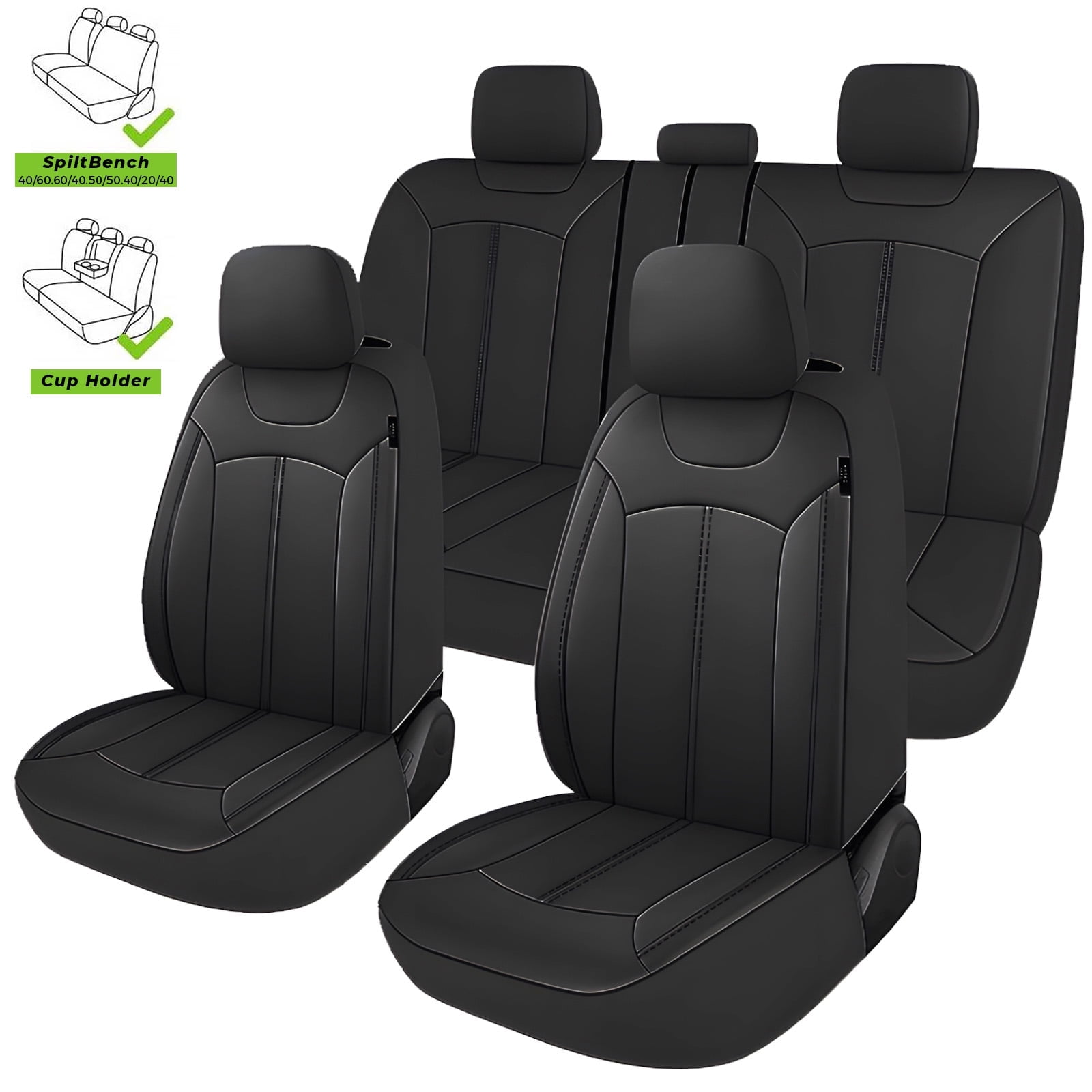 OTOEZ Universal Car Seat Covers Breathable PU Leather & Zipper Design, 5 Seats Full Set Waterproof Cushion Interior Accessories, For Solid Split Bench