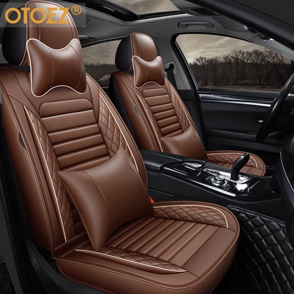 OTOEZ Universal PU Leather Car Seat Cover Full Set Cushion Front Rear Back Protector With Pillows, Coffee