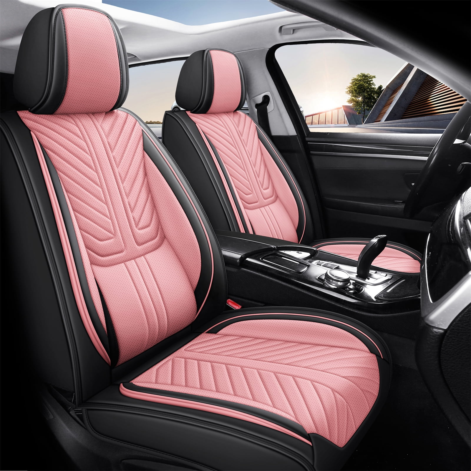 OTOEZ Universal Pink Car Seat Cover Nappa Leather 5-Seat Full Set Waterproof Front & Rear Cushion Protector Fit Most Honda Toyota Chevy Ford Nissan SUV