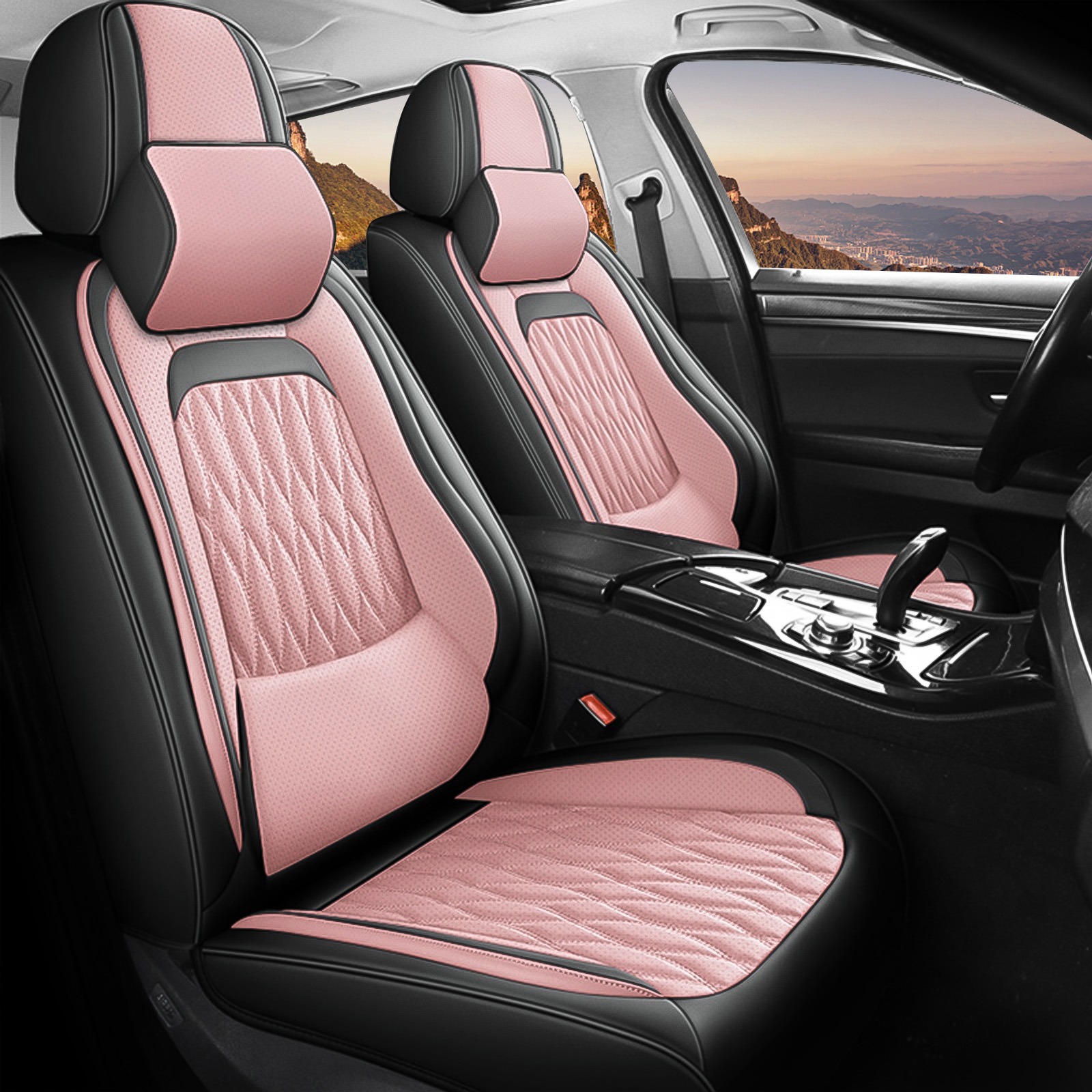 OTOEZ Universal Pink Car Seat Cover Nappa Leather 5-Seat Full Set Waterproof Front & Rear Cushion Protector Fit Most Honda Toyota Chevy Ford Nissan SUV