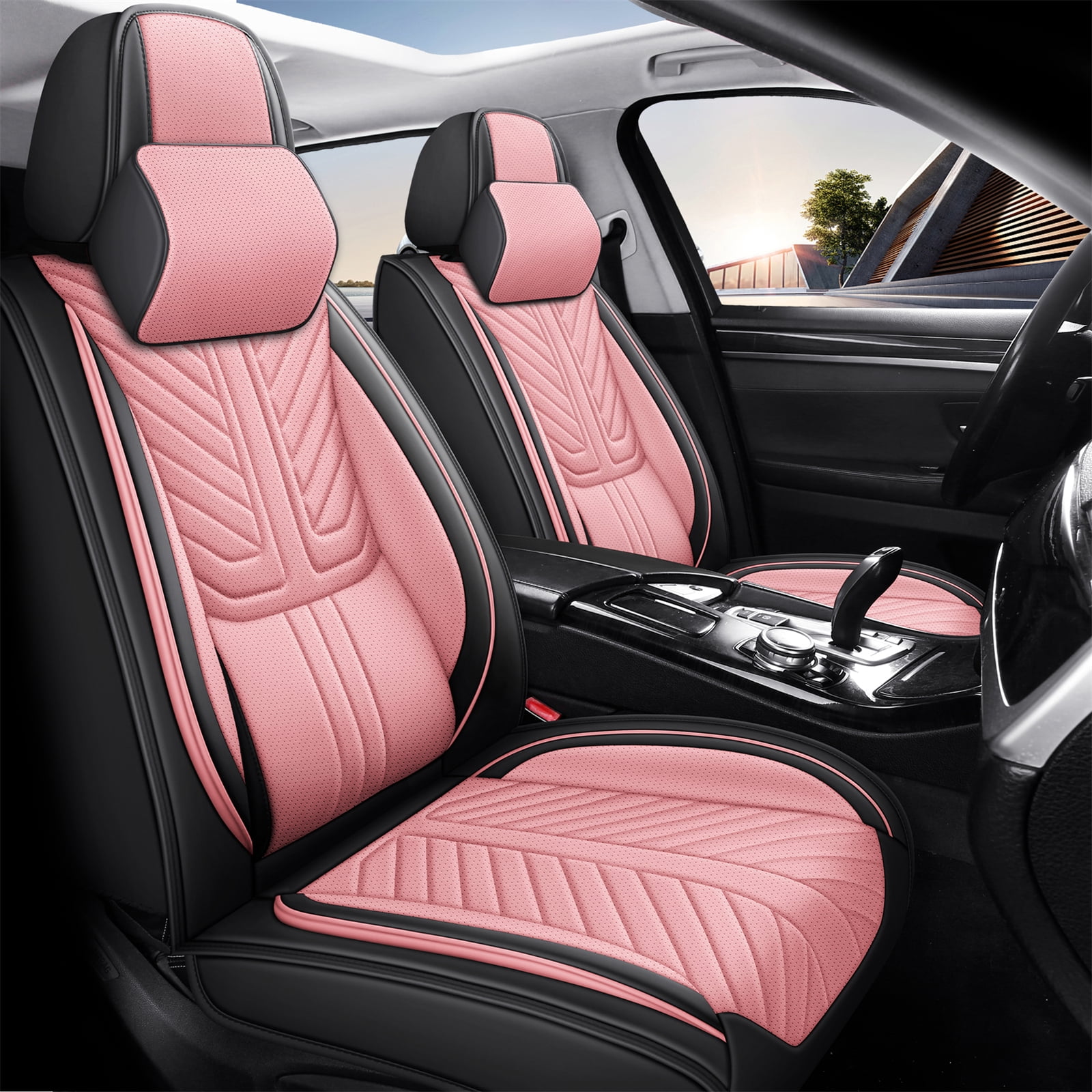OTOEZ Universal Pink Car Seat Cover Nappa Leather 5-Seat Full Set Waterproof Front & Rear Cushion Protector Fit Most Honda Toyota Chevy Ford Nissan SUV