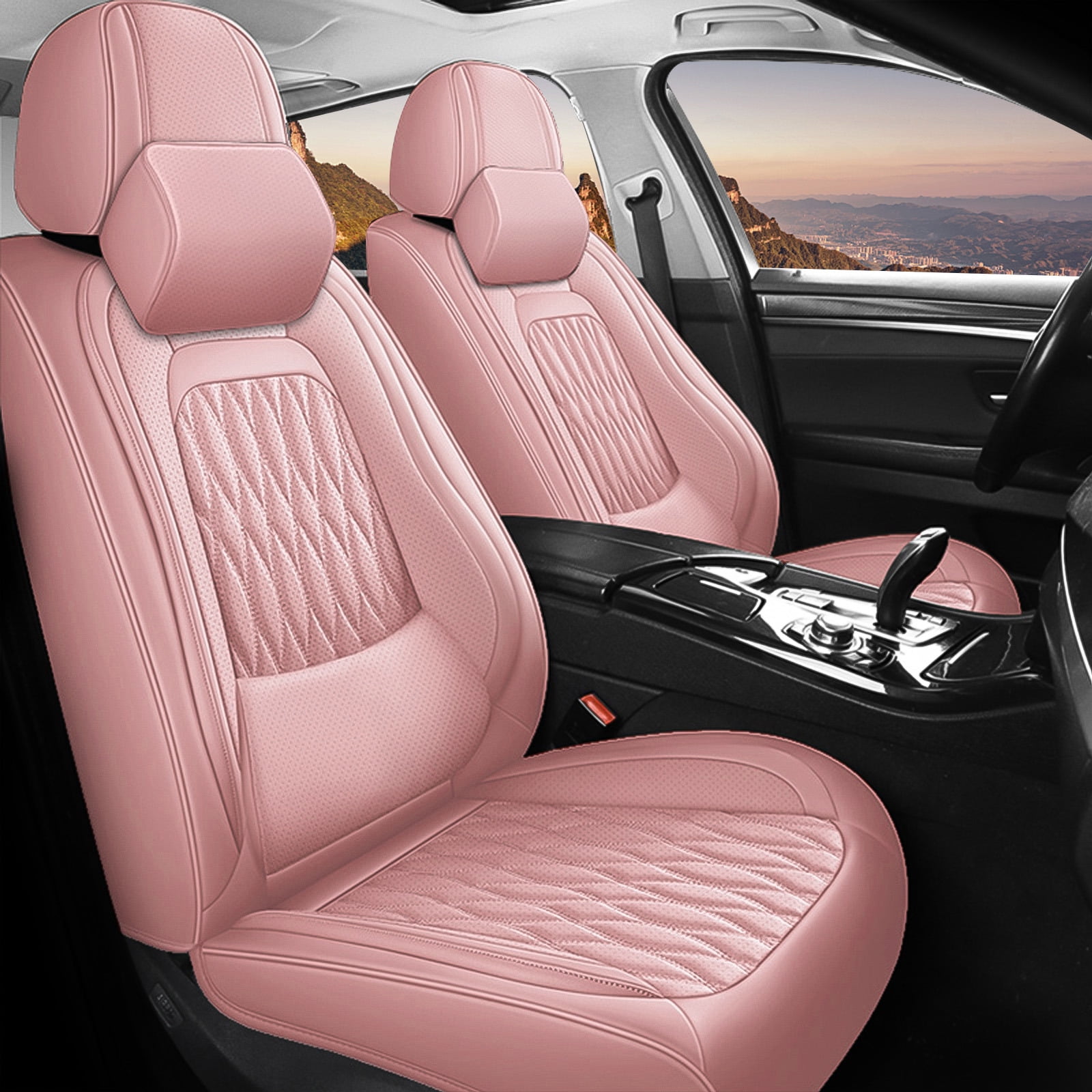 OTOEZ Universal Pink Car Seat Cover Nappa Leather 5-Seat Full Set Waterproof Front & Rear Cushion Protector Fit Most Honda Toyota Chevy Ford Nissan SUV