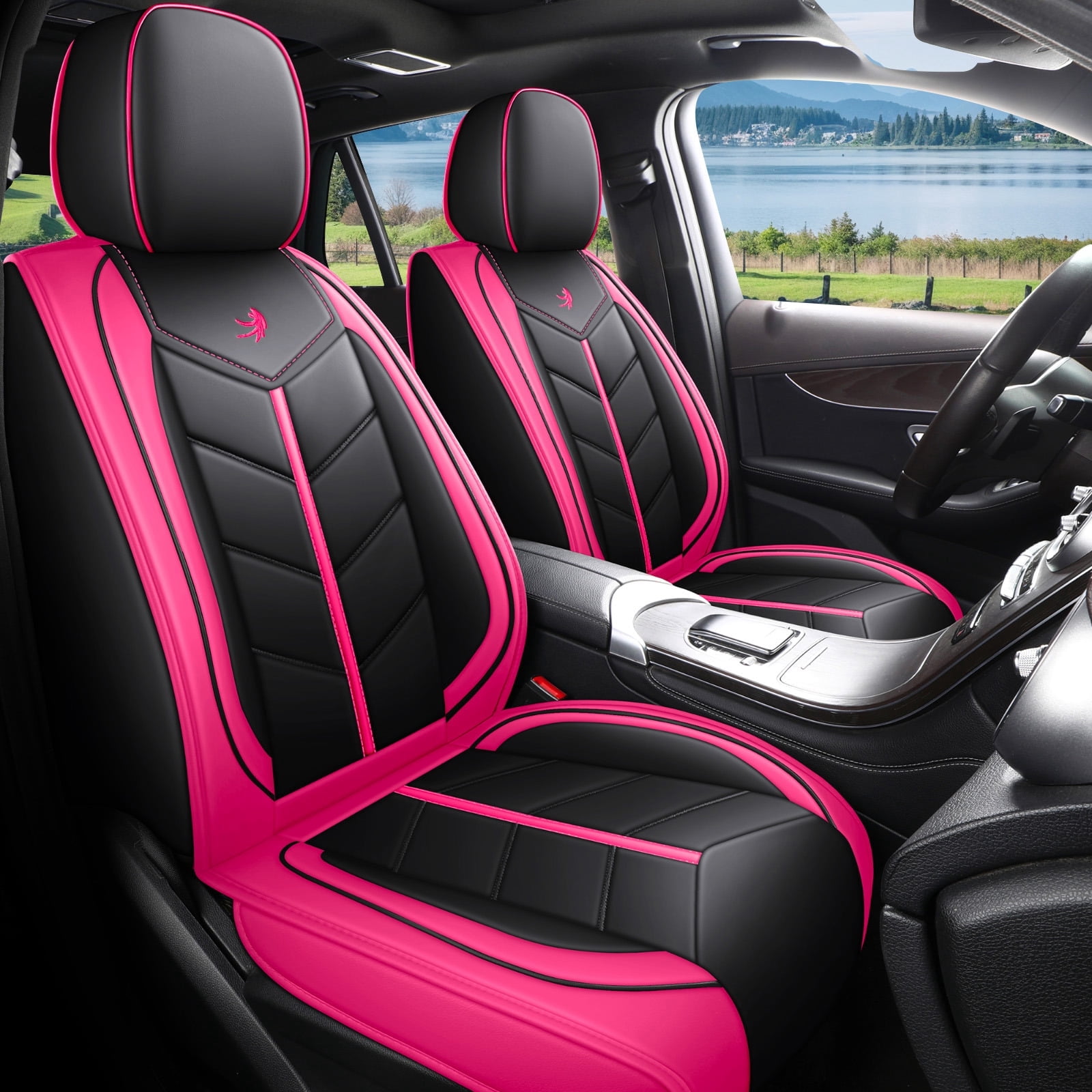OTOEZ Universal Pink Car Seat Cover PU Leather 5-Seat Full Set Waterproof Front & Rear Cushion Protector Fit Most Honda Toyota Chevy Ford Nissan SUV