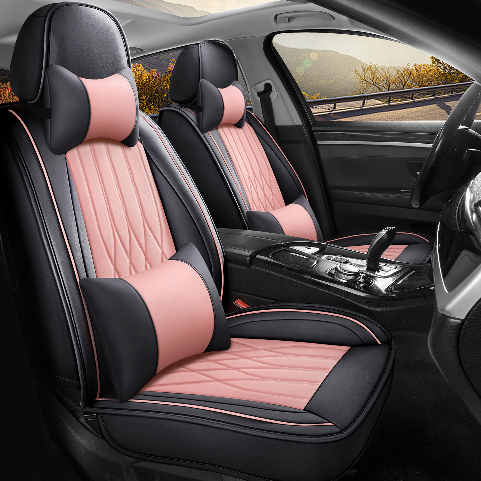 OTOEZ Universal Pink Car Seat Cover PU Leather 5-Seat Full Set Waterproof Front & Rear Cushion Protector Fit Most Honda Toyota Chevy Ford Nissan SUV