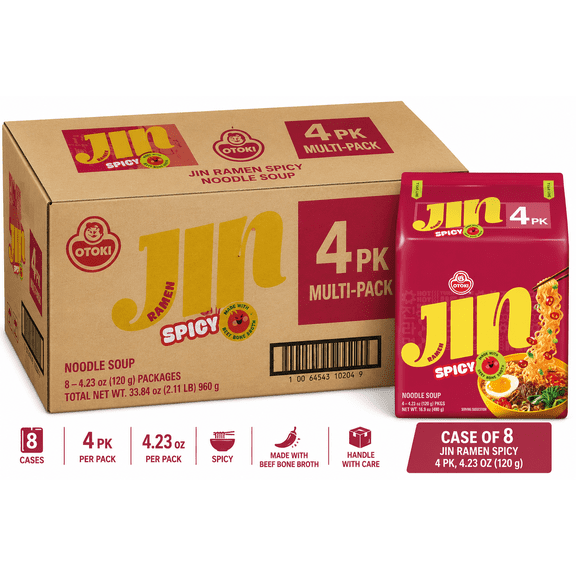 OTOKI Jin Ramen Spicy Korean Instant Noodles, 4.23 oz Packs, 4 Count Multipack, Case of 8 Multipacks (32 Total Packs)