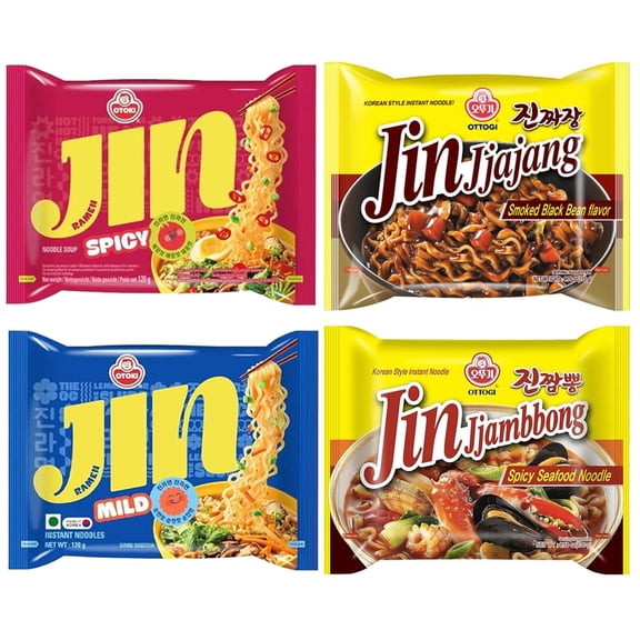 OTOKI, Ottogi Instant Jin Ramen Noodle 4 Flavor Combo (Mild, Spicy, Jjajang, Jjambbong) 4 pack
