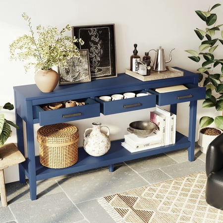 OTONIPU Farmhouse Entryway Console Table with 3 Drawers and Bottom Shelf, Wood Sofa Table for Living Room or Hallway, 59.1 Inch, Blue