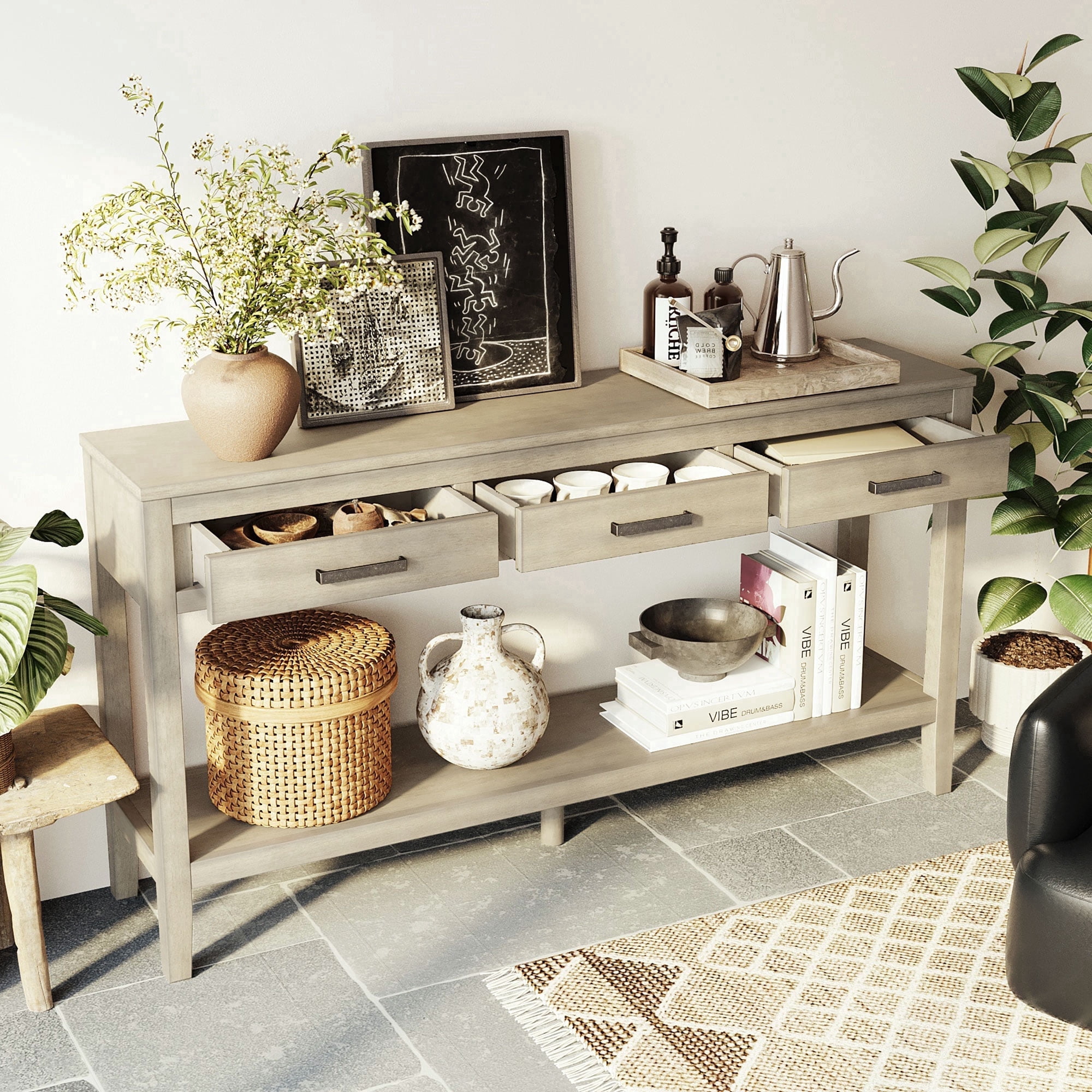 OTONIPU Farmhouse Entryway Console Table with 3 Drawers and Bottom Shelf, Wood Sofa Table for Living Room or Hallway, 59.1 Inch, Grey