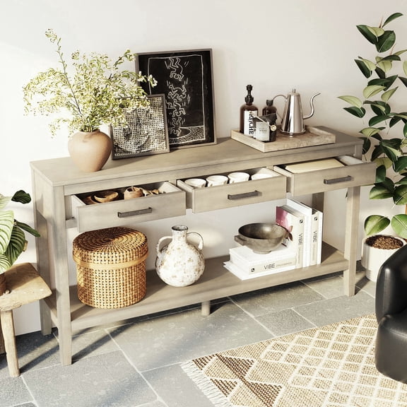OTONIPU Farmhouse Entryway Console Table with 3 Drawers and Bottom Shelf, Wood Sofa Table for Living Room or Hallway, 59.1 Inch, Grey