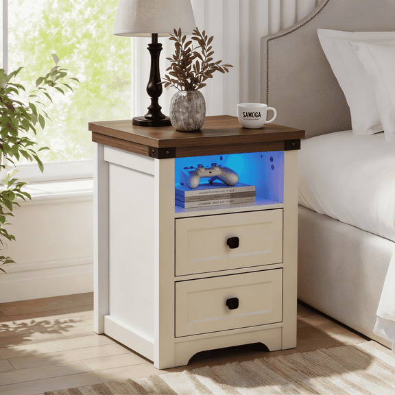 OTONIPU Farmhouse Nightstand with Charging Station, 2 Drawers & Shelf, White Bedside Table