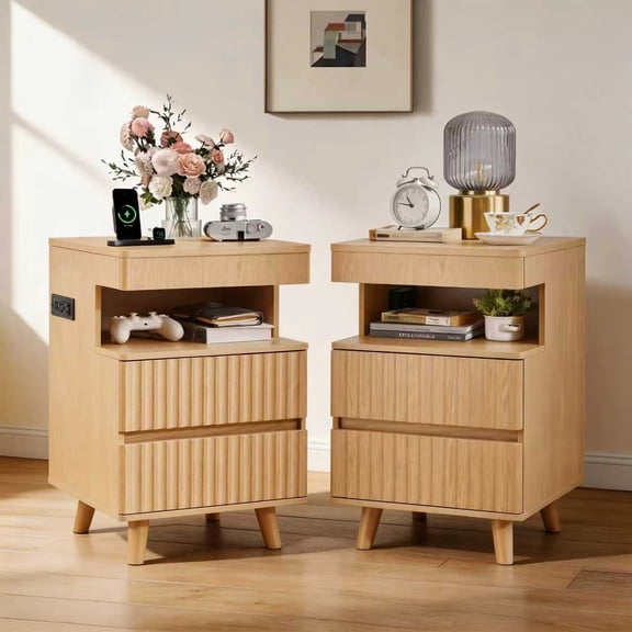 OTONIPU Nightstand Set of 2 with Charging Station, 2 Drawers, Lockable Storage, Oak