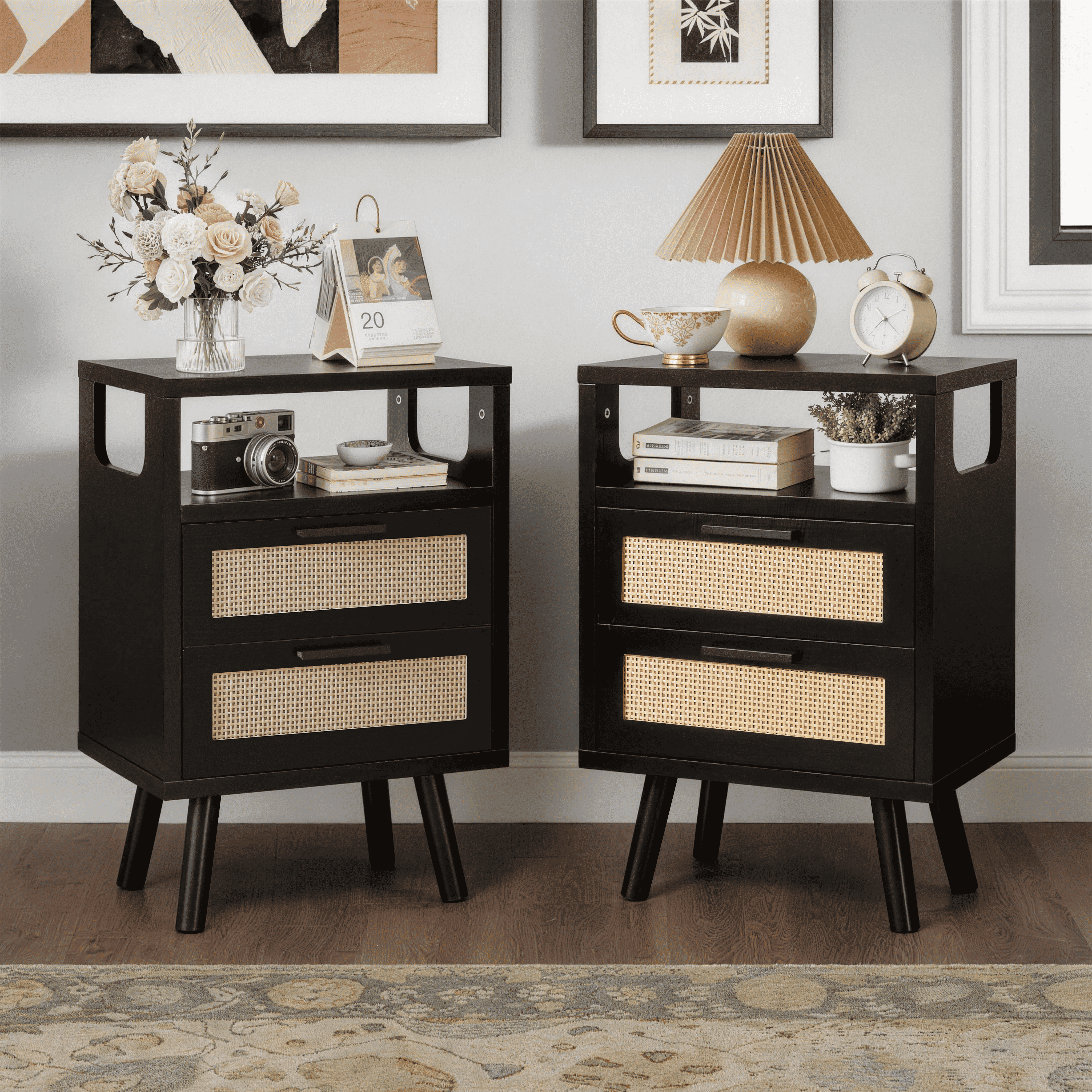 OTONIPU Rattan Nightstands Set of 2 with 2 Drawers, Modern Wood Bedside Tables with Black Handles, Black End Tables