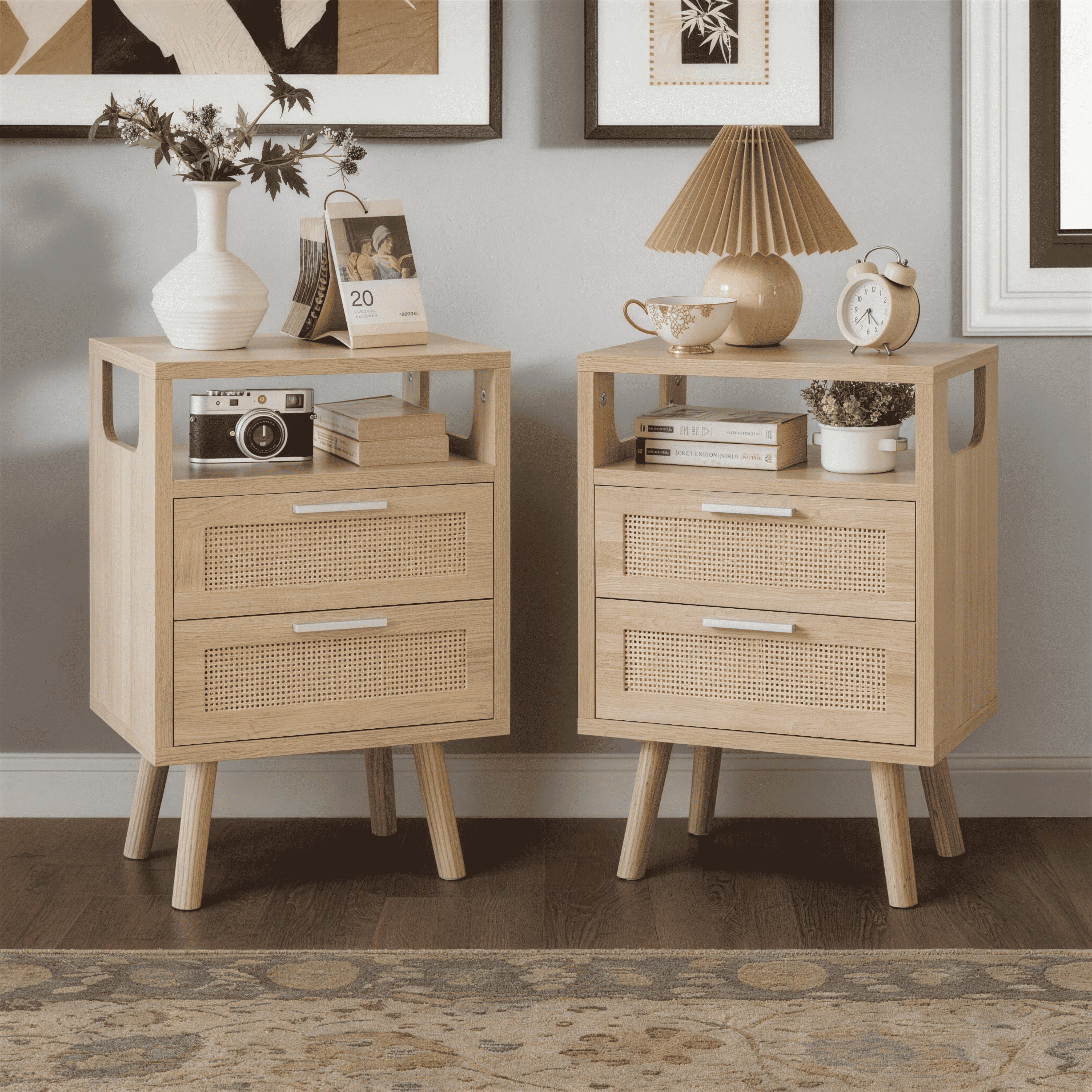 OTONIPU Rattan Nightstands Set of 2 with 2 Drawers, Modern Wood Bedside Tables with Gold Handles, Oak End Tables