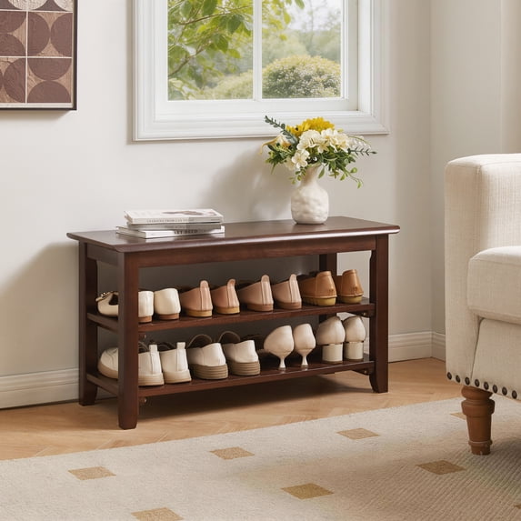 OTONIPU Solid Wood Shoe Bench with 2-Tier Storage Shelves, Entryway Shoe Rack Seat for Hallway