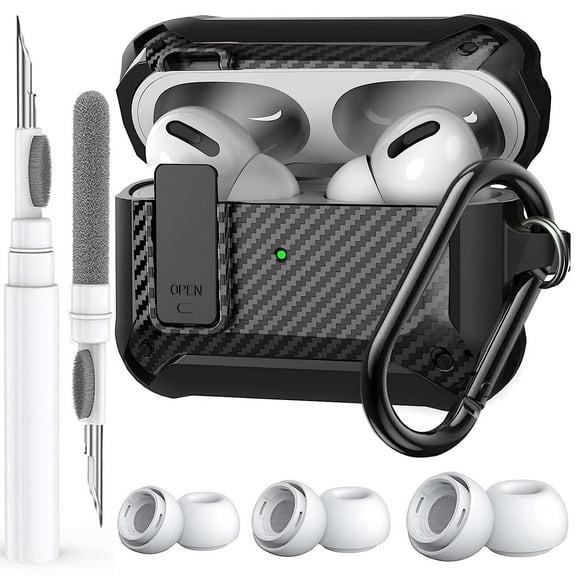 Airpods Pro 2/Pro Case Lock with Cleaner kit&Replacement Ear Tips(S/M/L), Rugged AirPod Pro 2nd/1st Generation Protective Cover for iPod Pro Gen 2023/2022/2019 with Keychain, Black