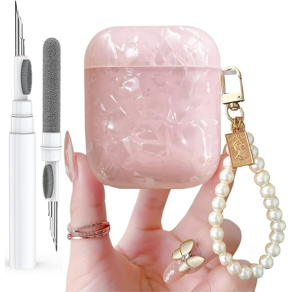 OTOPO Cute Glitter Airpods 2/1 Gen Case with Cleaner Pen,Shell Pattern Airpods 2nd/1st Generation Cover Protective Skin Girl Women with Luxury Pearl Keychain for Apple iPod 2nd/1st Gen - Pink