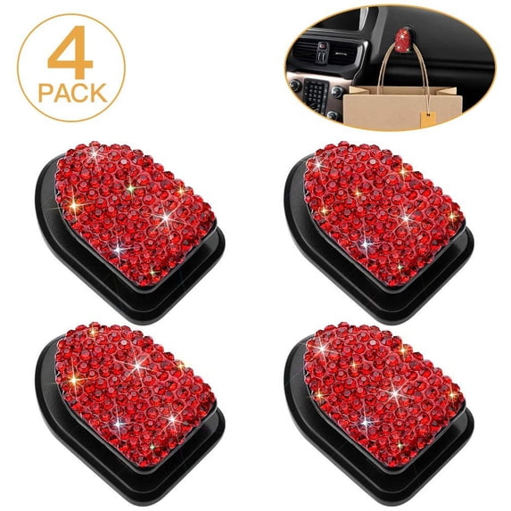 OTOSTAR 4 Pack Bling Crystal Car Mini Hook, Multifunctional Car Hanger Storage for Key, Earphone, Charging Cable, Purse, Universal Car Accessories (Red Crystal)