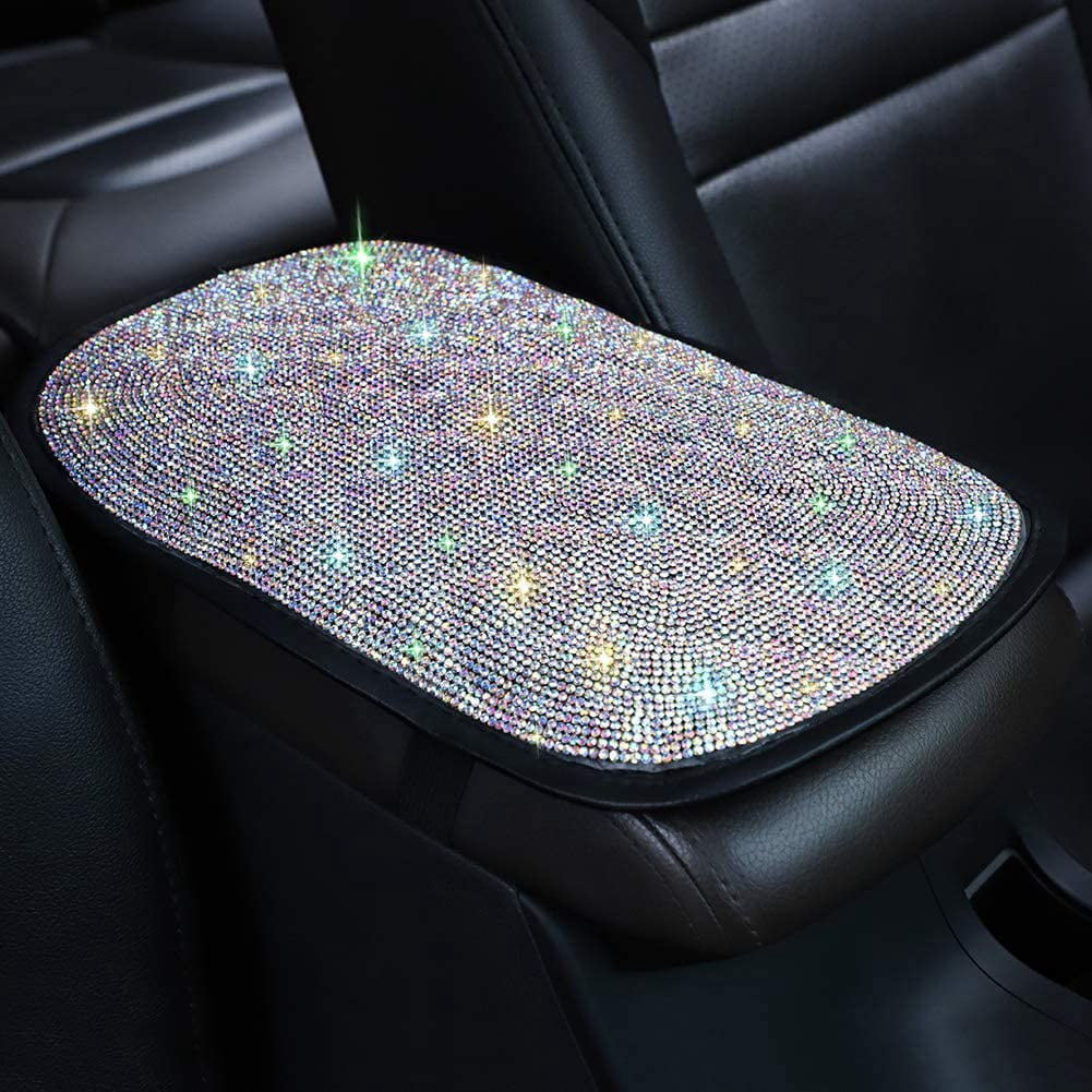 Bling Crystal Car Armrest Cover – Universal Fit, White PU Leather With Rhinestones, Protects & Decorates