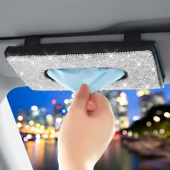 OTOSTAR Bling Bling Mask Holder for Car, Crystal Car Visor Tissue Box, Pure Handmade Diamond Auto Napkin Box Holder PU Leather Backseat Paper Towel Box with 1 Tissue Refill (A-White)